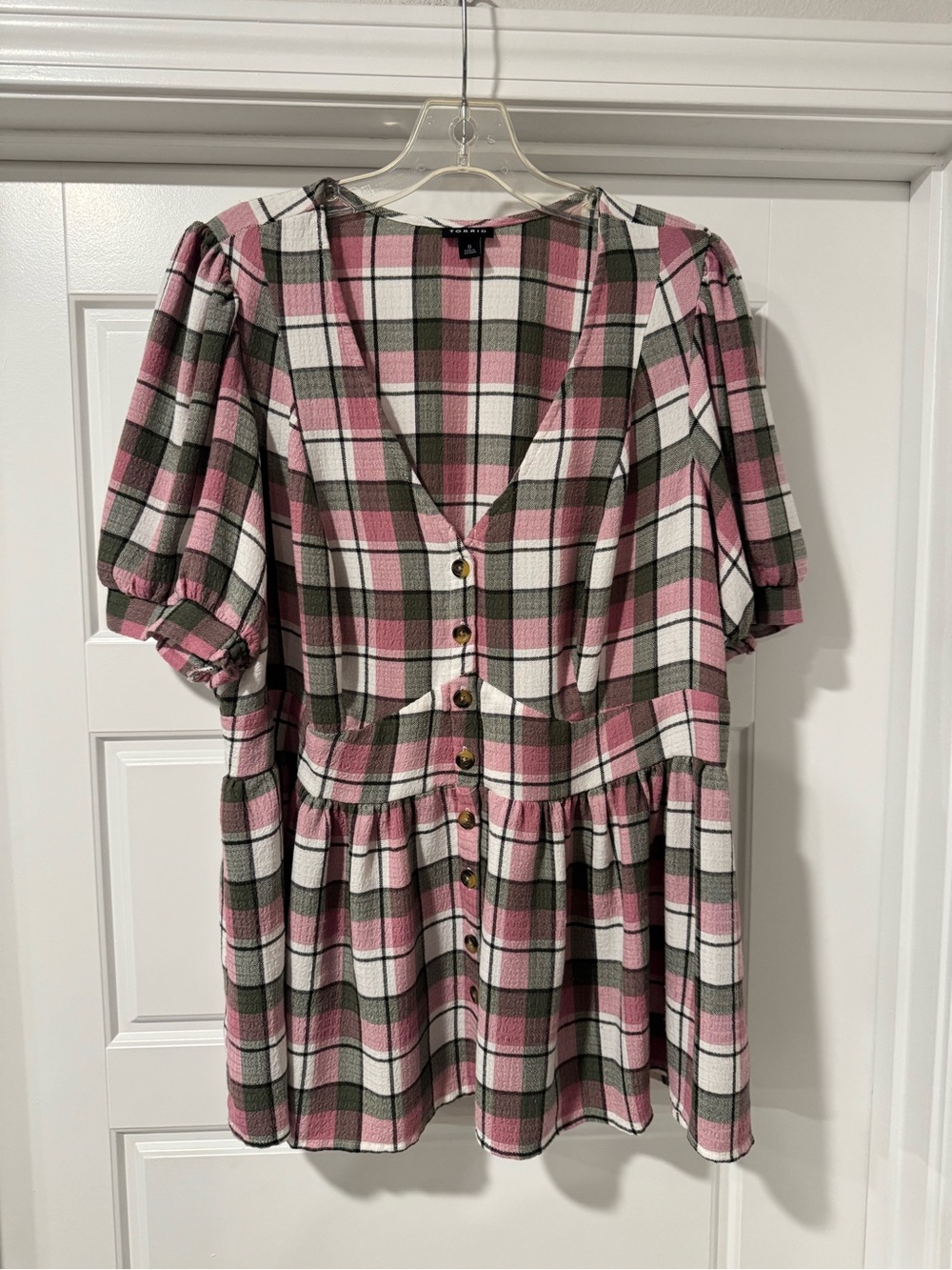 torrid Pink Olive White Plaid Button-Front Babydoll Top